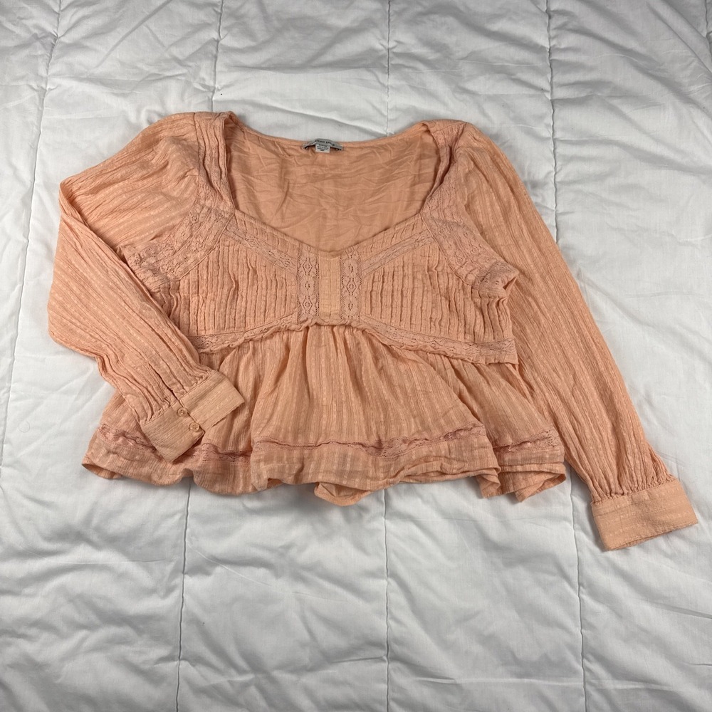 American Eagle Woman's Sm Peach Top Spring Summer Y2K Baby Doll Flowy Lace Girly